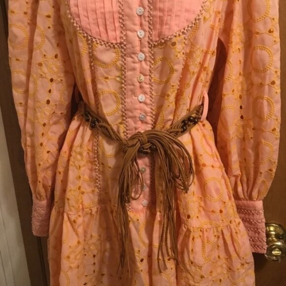 Vintage Orange Eyelet Button Down Cottage core Lace Details long Sleeve Dress S - Picture 3 of 15